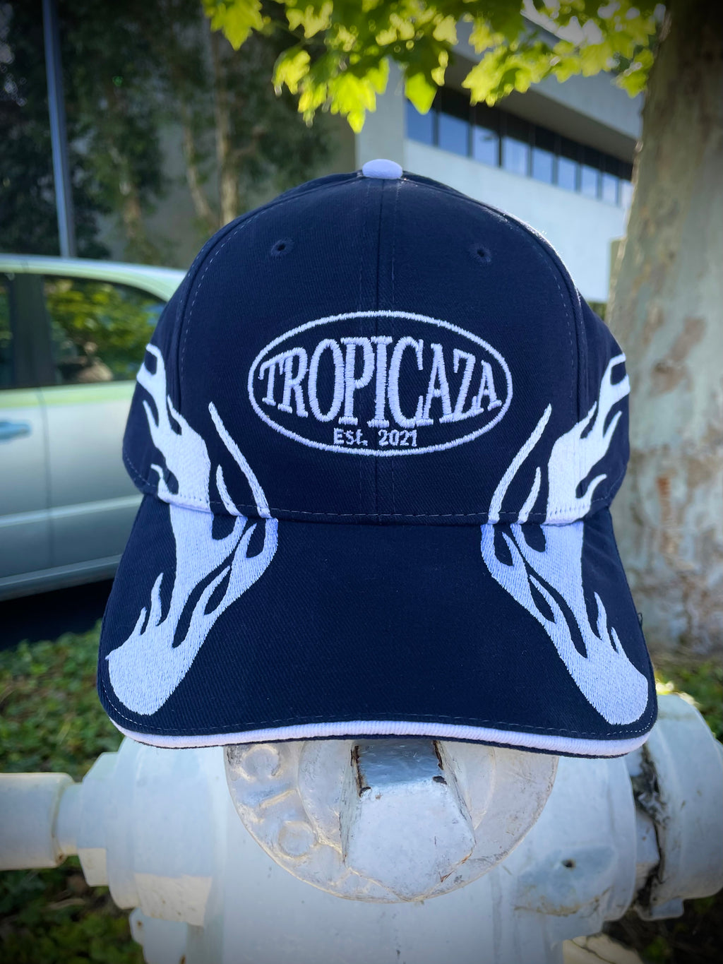 Tropicaza Flame Hat: Navy with White Flames